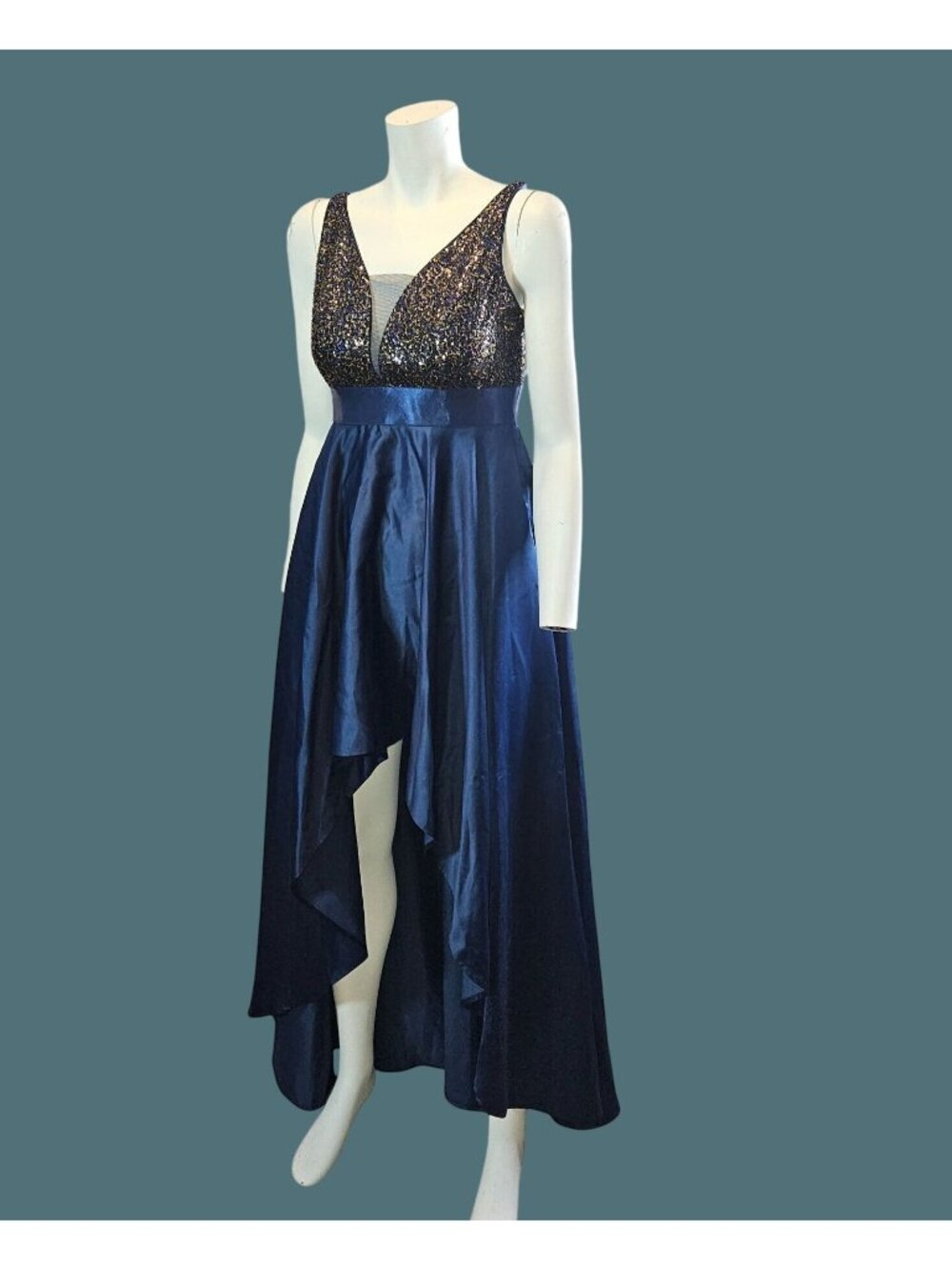 Ever Pretty High-Low Satin Evening/Prom Gown Navy & Gold Sequins Bodice Women 4